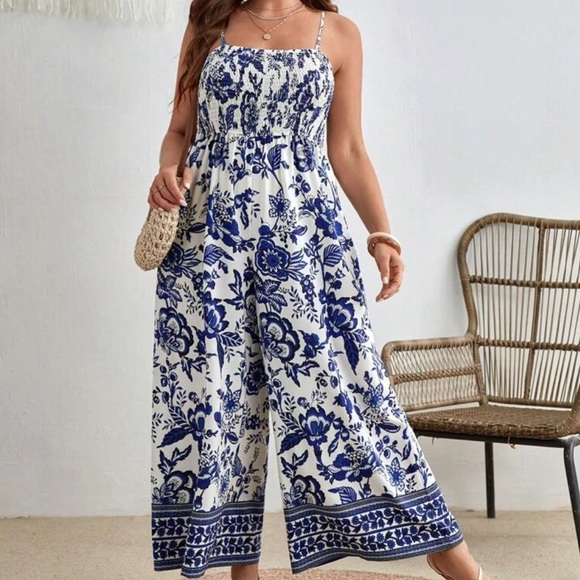 Pants - Bohemian Boho Plus Size Floral Paisley Smocked Wide Leg Pants Jumpsuit